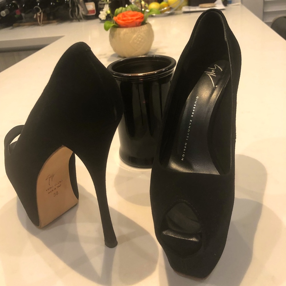 Black Suede Zanotti Peep-Toes